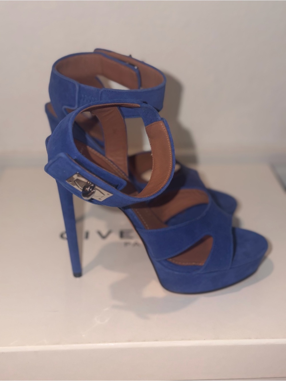 Givenchy Cobalt Suede Platform Ankle-Strap Stilettos